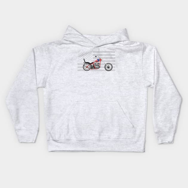 Illustrated American Chopper Motorcycle Low Rider with Grey American Flag as Background Kids Hoodie by ActivLife